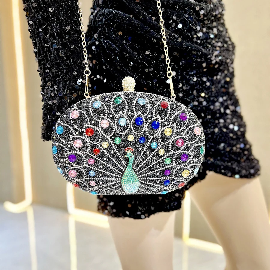 Moda strass perline pavone borsa da sera ovale donna cristallo verde cena festa giorno diamante pochette borsa a tracolla Sac