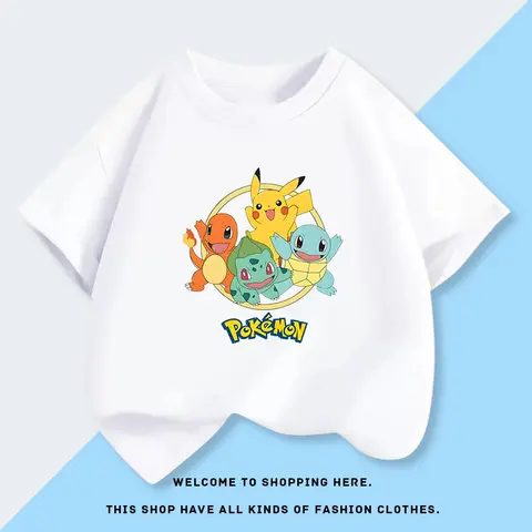 2025 Pikachu Pok É Mon tryckt kortärmad t-shirt för pojkar sommarkläder ny mode par halvärmad barn t-shirt 8 best sales Pikachu T-shirt - №7