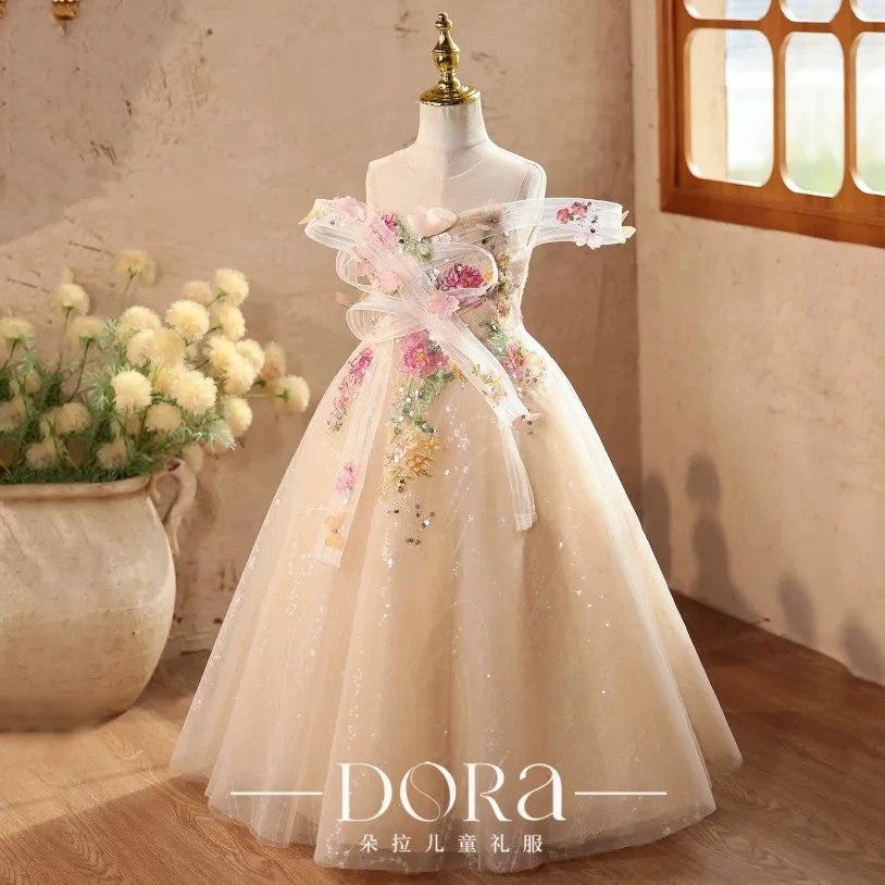 Mädchen Champagner Off-Shoulder Langes Tüllkleid 3D Blumen-Pailletten-Prinzessinnenkleid für Hochzeit Geburtstag Festzug Party Auftritt A5100 – Detail 4