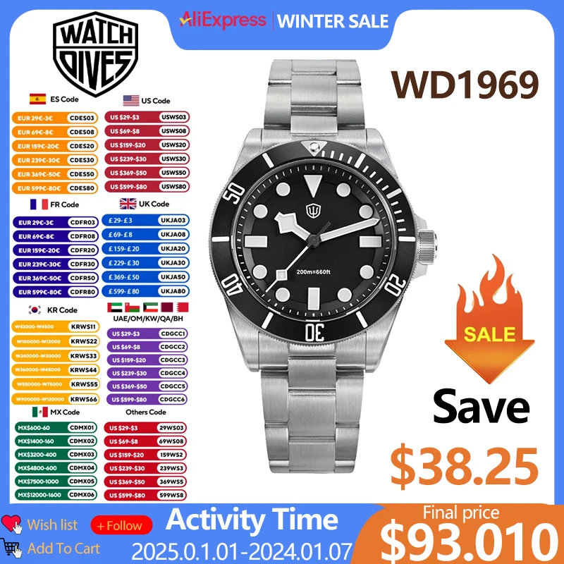 Watchdives WD1969 Pro Stainless Steel Watch VH31 Sweep Seconds Quartz Movement Watches Sapphire 120 Click Waterproof  200m