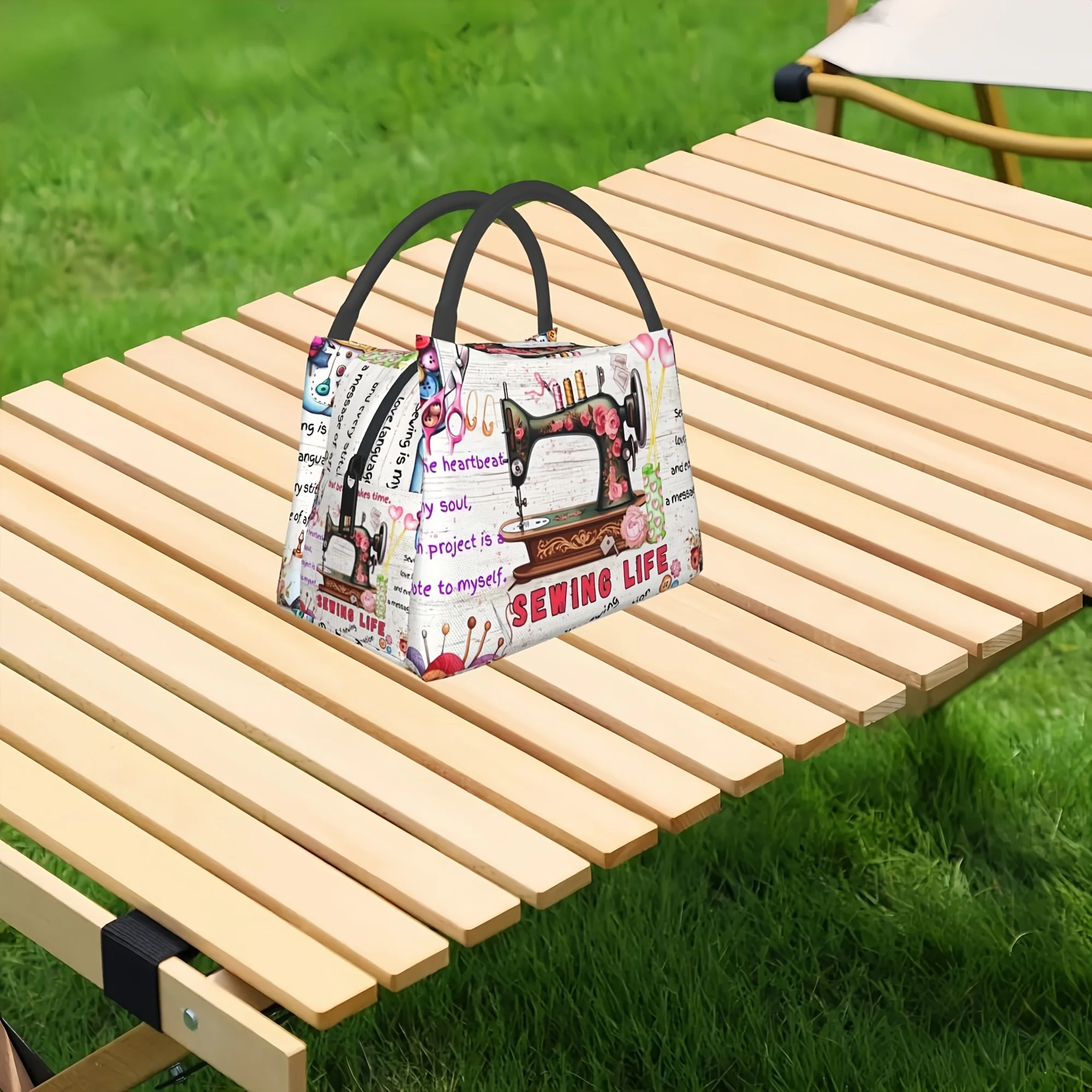 1pc Happy New Year Sewing Machine Text Pattern, Portable Reusable Cooler Bag, Insulated Bag, Insulated Lunch Bag
