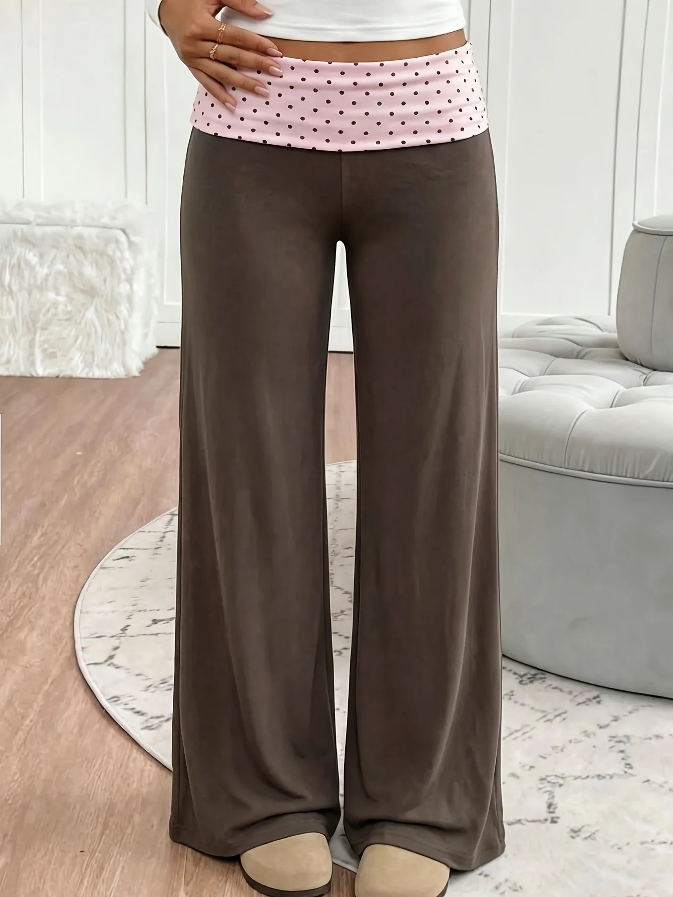 Girls 1-Piece Flare Pants, Pink Polka Dot Fold Over Waistband Soft Modal High Waist Wide Leg Casual Trousers
