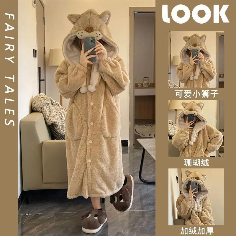 

Kawaii Winter Cartoon Robe Girl Pajamas Thicken Coral Fleece Dressing Gown Homewear Keep Warm Hooded New Nightgown Wholesale