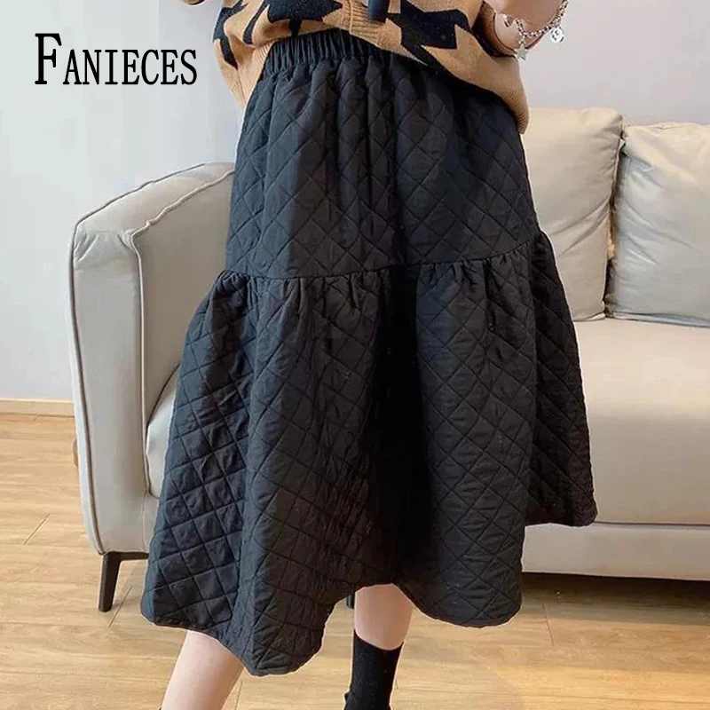 

FANIECES Winter Warm Thicken Padded Cotton Skirt Women Fashion Big Swing A-line Long Skirt Casual Streetwear faldas para mujeres