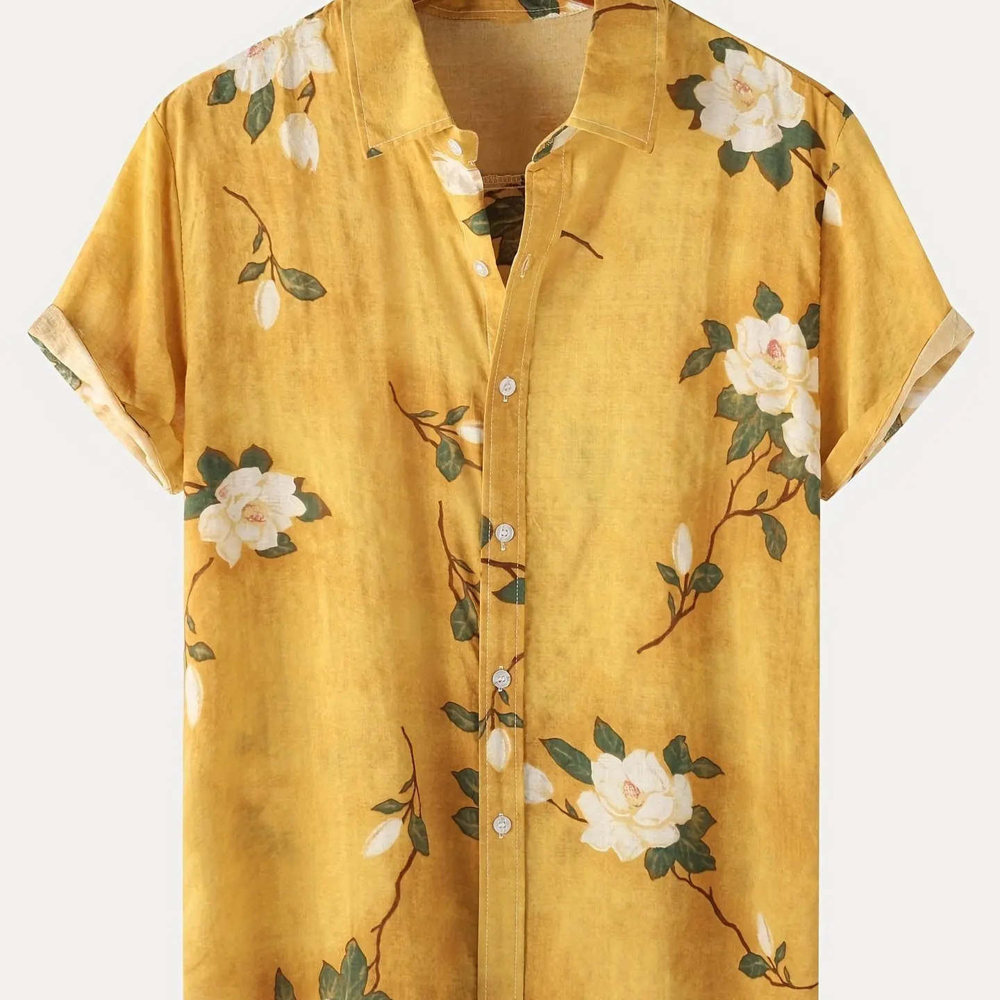 Summer Men's Casual Slim Fit Short Sleeve Shirt with Flowers