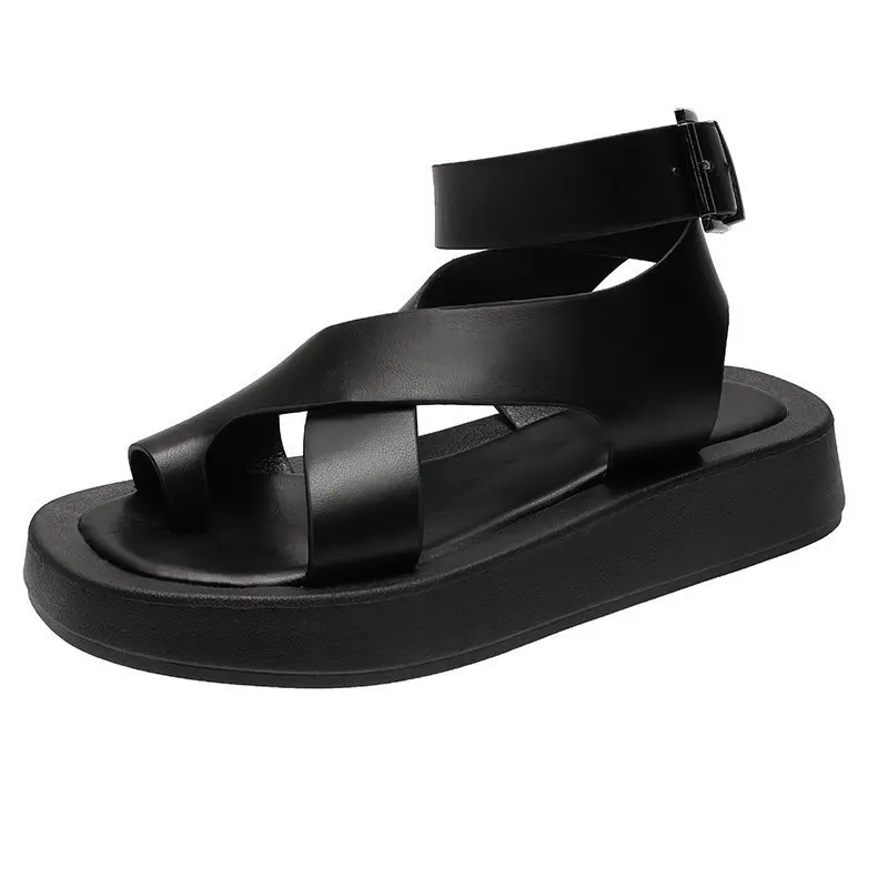 Clip Toe Sandals Women Solid Leather 2022 Summer New Sandals Ladies Roman Women Shoes Muffin Sandals Platform Shoes Woman