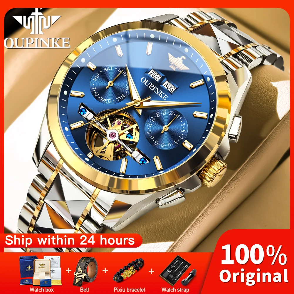 

OUPINKE 3290 Mens Watch Luxury Automatic Mechanical Watch﻿ Multifunctional Chronograph 50M Waterproof Perpetual Calendar Watch