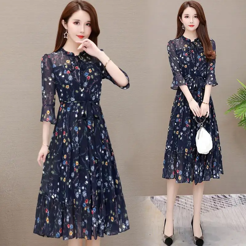 Ladies Summer Fashion Simplicity Office Lady Printing Net Yarn Floral Chiffon Loose O-neck 3/4 Sleeve Women Clothes Midi Dress