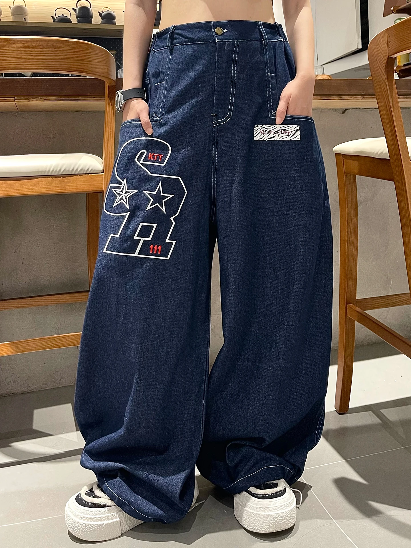 

American Street Hip Hop Embroidered Wide Leg Jeans Men's Loose Straight Casual Long Trousers Comfortable Cotton Denim