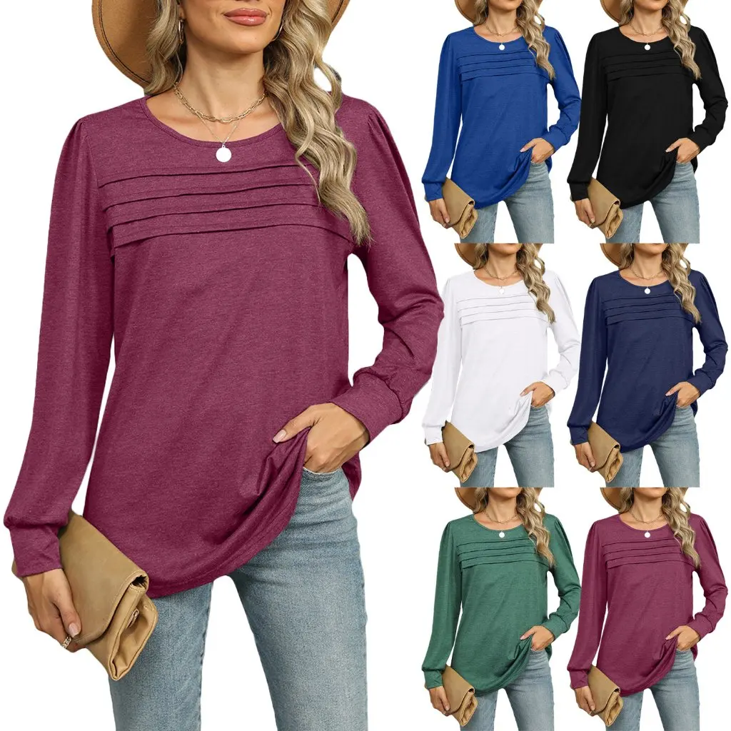 

Pure Color round Neck Pleated Long-Sleeved T-Shirt Autumn Winter New Independent Station European American Export Design