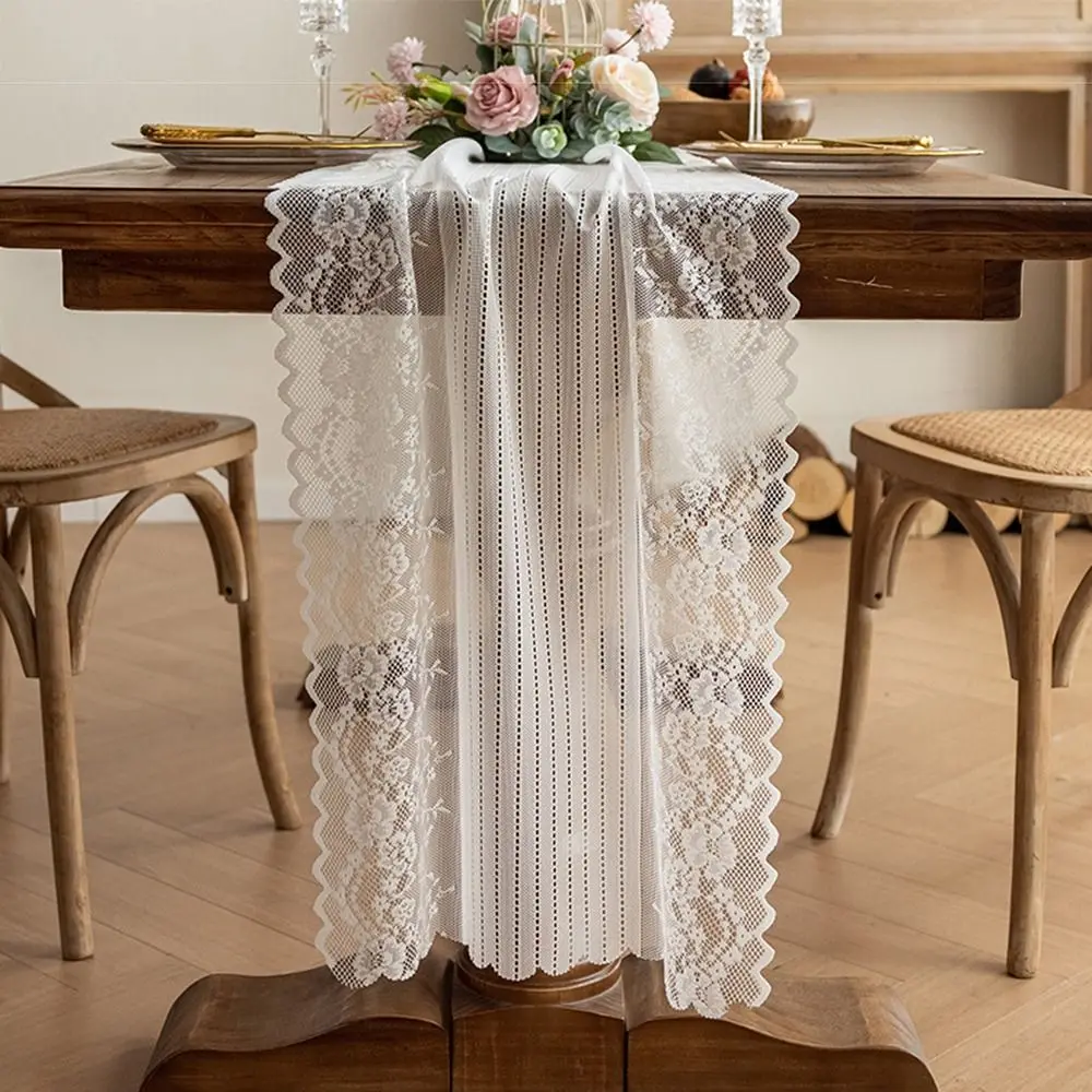 Hollowed Out Lace Jacquard Table Runner French Romantic Semi-Sheer Embroidered Table Cover Multi-size Table Ornament