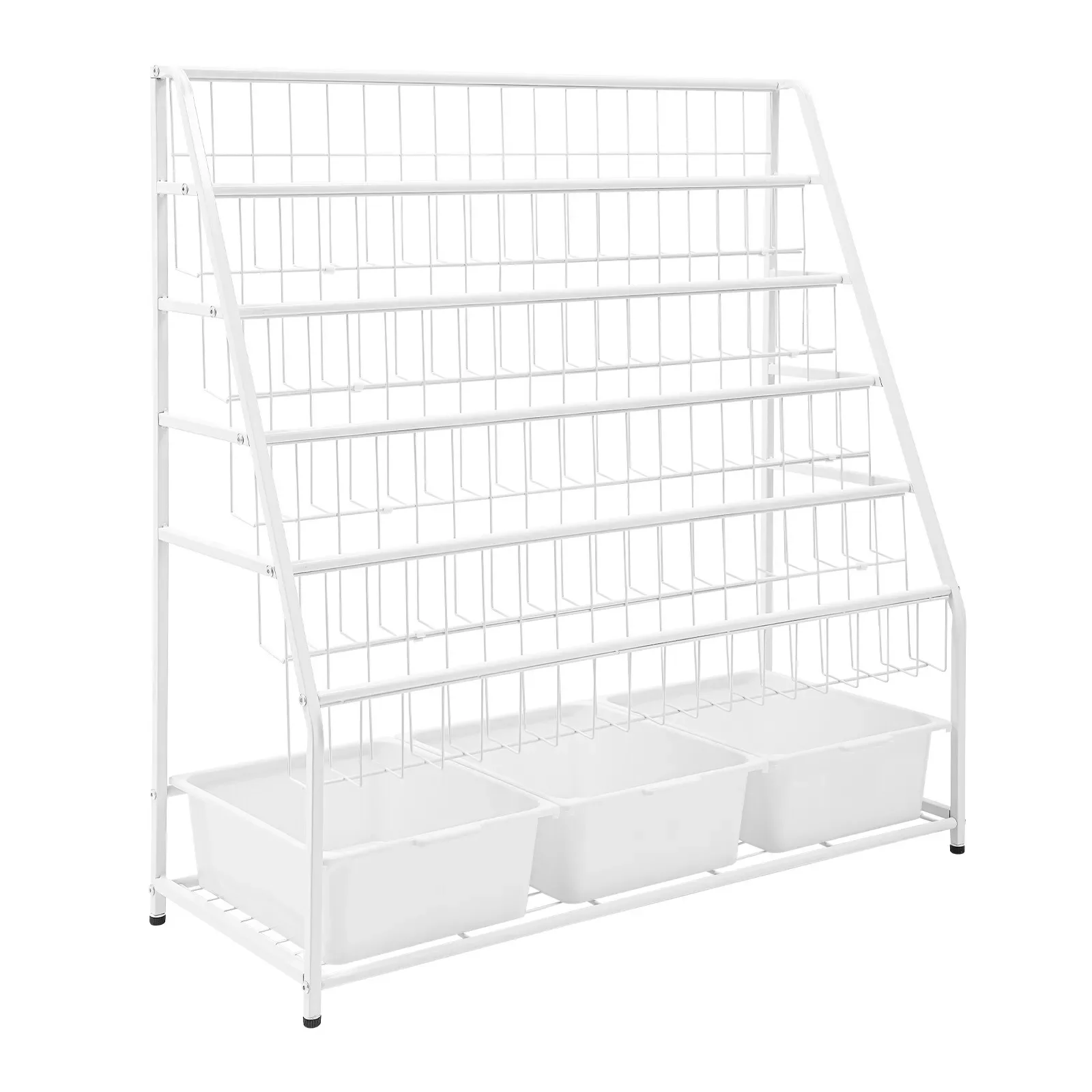 5 Tier Metal Kids Bookcase Book Display Rack Freestanding with 3* Storage Bins