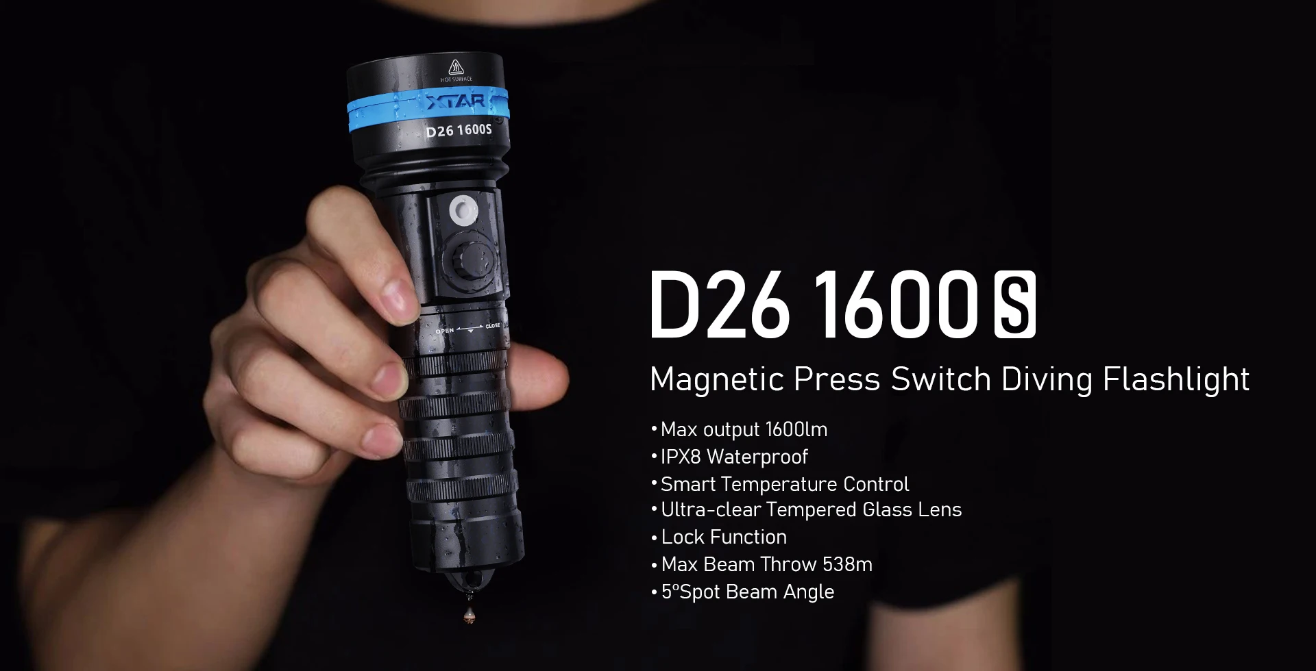 XTAR D26 1600S Dive Flashlight 1600LM 538m 90° Wide Angle IPX8 100m 18650/26650 for Cave Diving & Search Rescue