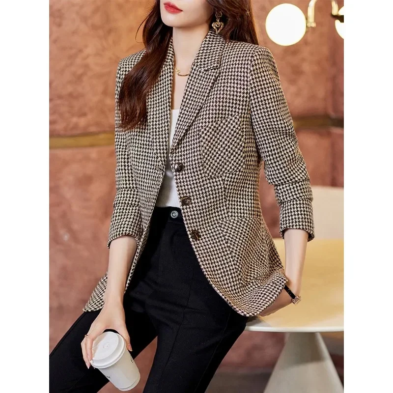 Coffee Gray kotak-kotak Single Breasted Blazer wanita, jaket bisnis Formal wanita kantor musim gugur musim dingin dengan saku