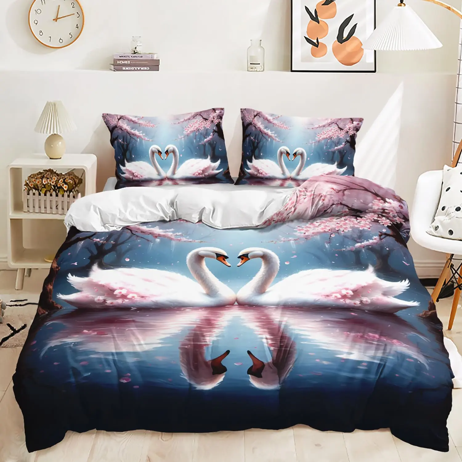 3D White Swan Couple Love Duvet Cover Set Red Floral Rose Printed Bedding Set Cute Animal Super Soft Polyester Comforter Covers