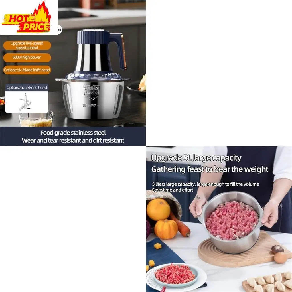 

Grinder Electric Chopper 5L Stainless Steel Processor for Meat Onion Vegetables Fruit 500W