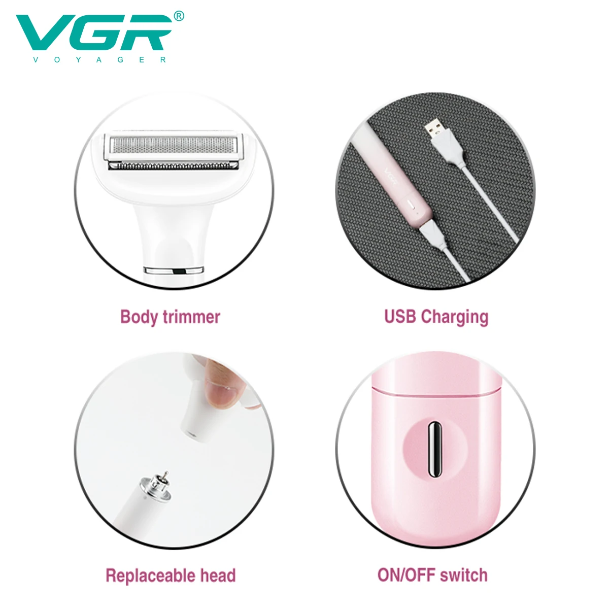 VGR الحلاقة الكهربائية ماكينة حلاقة غير مؤلمة إزالة الشعر للنساء المناطق الحساسة متعددة الوظائف الجسم كله ماكينة حلاقة مقاومة للماء V-611