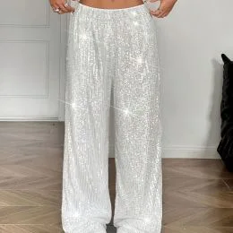 Women Sparkling Sequin Wide Leg Trousers Elastic High Waist Loose Fit Glitter  Pants