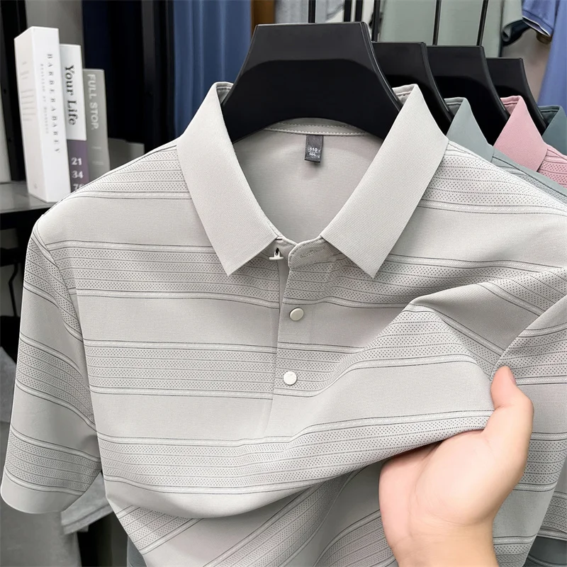 Trend striped printed short sleeve polo shirt luxurious men's new breathable summer comfort middle-aged business casual T-shirt