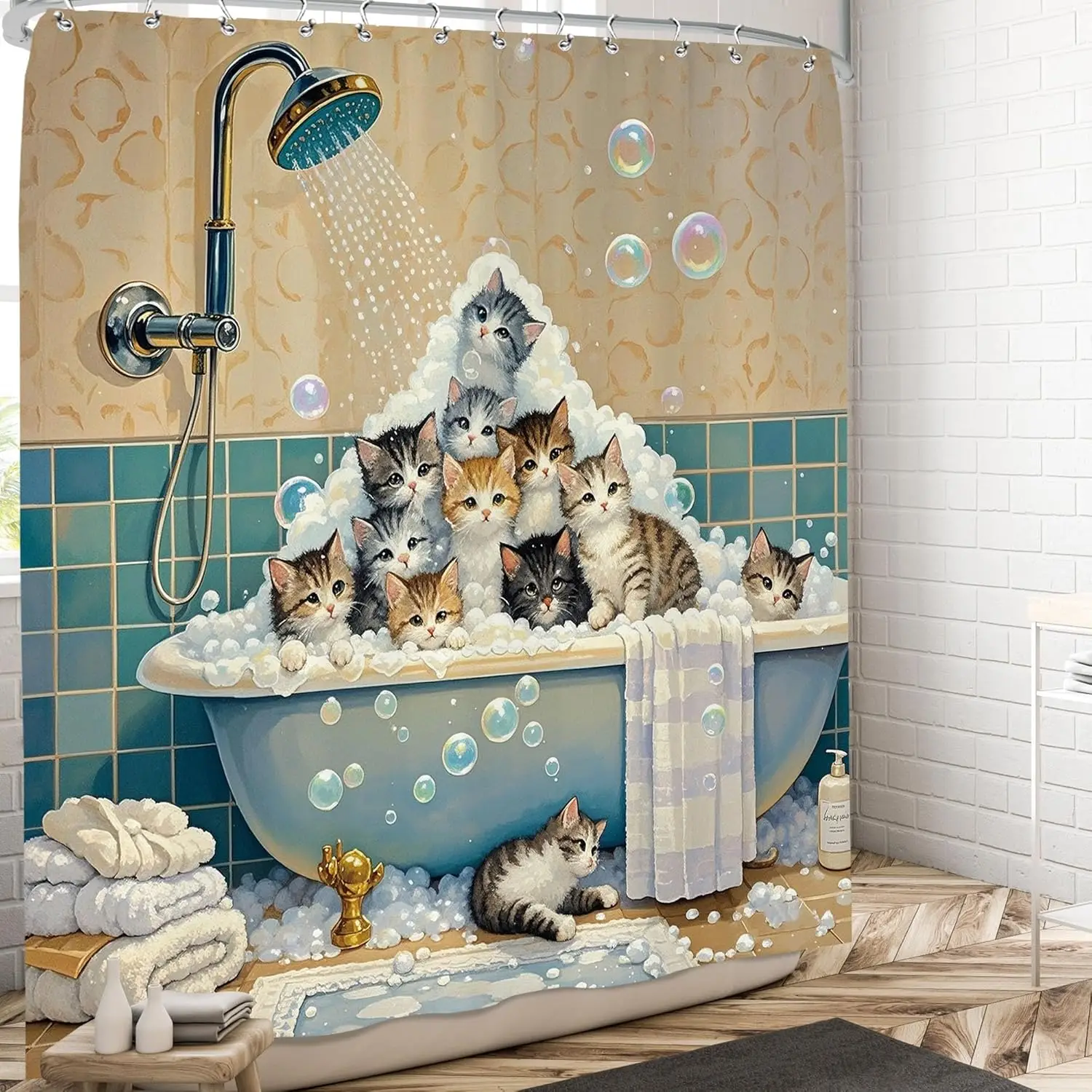 

Очаровательные котята в занавеске для душа в ванне, забавный декор для ванной комнаты, водонепроницаемая ткань, любовь для детей и взрослых, 72x72 дюйма