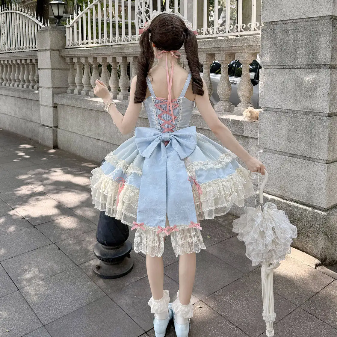 

Оригинальный дизайн: платье Лолита в балетном стиле JSK с бретелями для женщин, летнее, синее JSK + синие крылья-хвосты