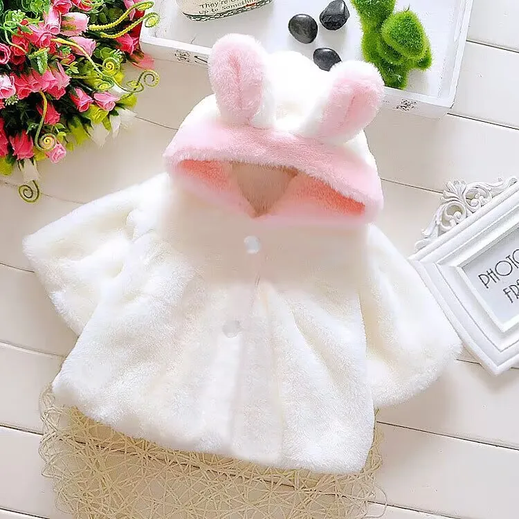 Girls’ Faux Fur Hooded Jacket with Bunny Ears – Cozy Winter Coat with Non-Detachable Pom-Poms, Cute Outerwear