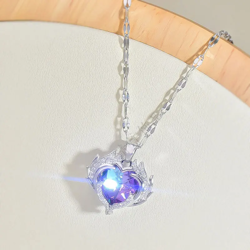 Charm Colorful Crystal Heart of The Sea Pendant Necklace for Women Exquisite Stainless Steel Zircon Chokers Bride Jewelry Gift