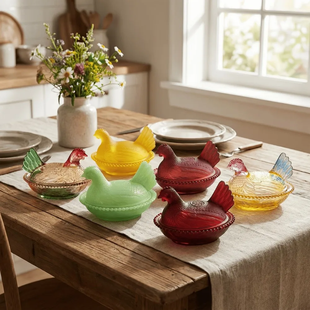 Hen On Nest Glass Dish, Crystal Glasses Candy Dish With Lid Hen-Shaped Chicken Fruit Bowl Dessert Snacks Plate Retro Bowl Jar