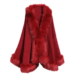 Women Faux Fox Fur Poncho Coat Cardigan Elegant Casual Fur Collar Shawl Cloak Knitted Coat Oversize Batwing Sleeve Greatcoat