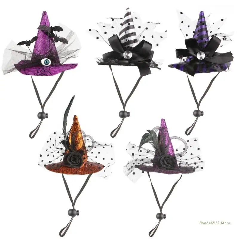 QX2E Stretch Chin Rope Pet Witch Hat Comfortable Hat Pet Halloween Parties Witch Hat