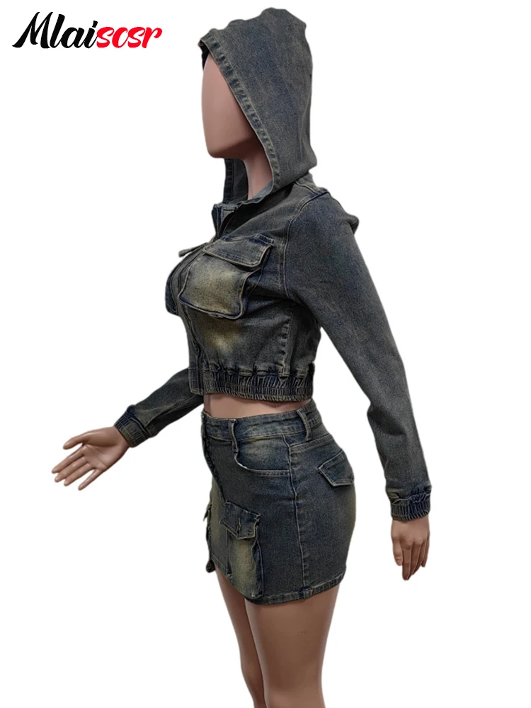 Mlaiscsr Stretch Denim Pockets Cargo Mini Skirts and Long Sleeve Hooded Crop Top Jacket Two 2 Piece Women Sets Jean Club Outfits