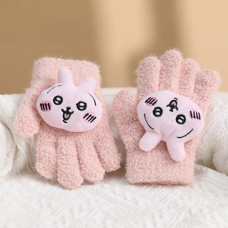 MINISO CHIIKAWA-Gants de dessin animé pour enfants, tricotés, chauds et froids, 5 doigts, rabat fendu, polaire épaissie