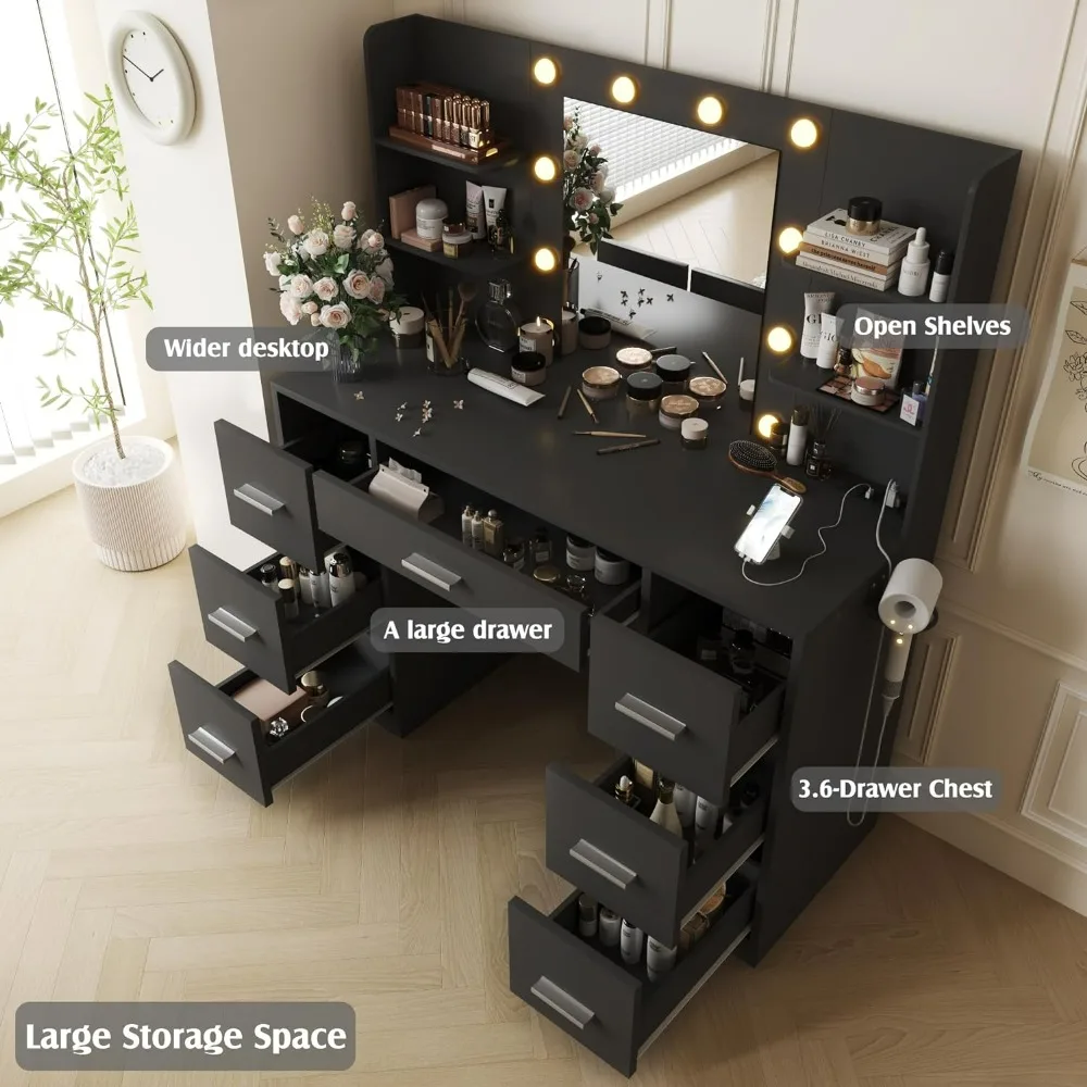 Vanity Desk with Mirror, Power Outlet and 10 Lights, Makeup Table with 7 Drawers, 3 Color Modes Available for Bedroom, Black