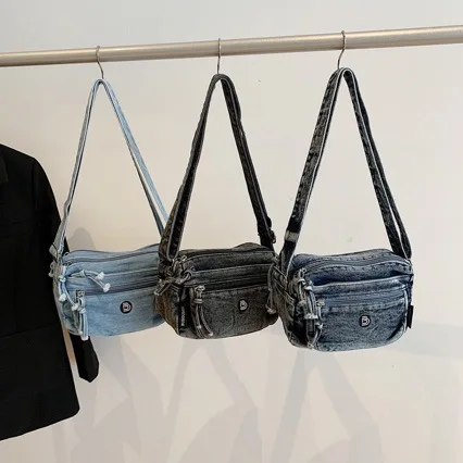 

Дизайнерская сумка через плечо для женщин 2025 джинсовая сумка через плечо с несколькими карманами для переноски модный эстетический рюкзак