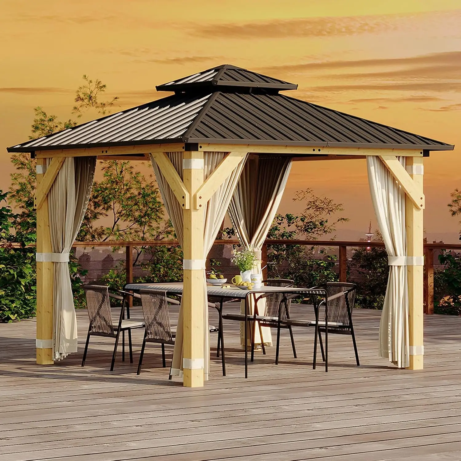 10x10 FT Hardtop Wood Gazebo, Outdoor Patio Pavilion with Cedar Frame, Double Galvanized Steel Roof, Curtains and, Customized