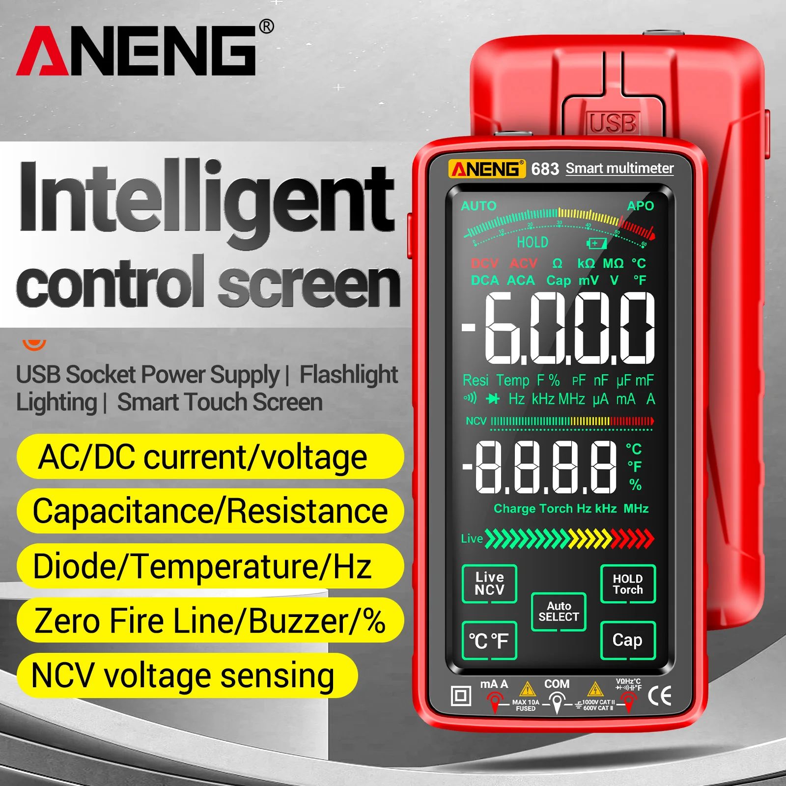 Multimeter Touch Screen Smart Digital Tester ANENG 683 AC/DC Voltage Current NCV Induction Capacitance Resistance Detector Tools