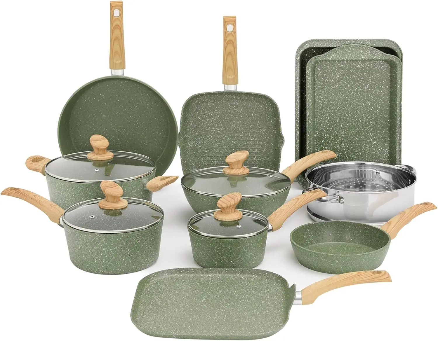 

Kitchen Academy 17 Pieces Induction Cookware Set, Green Granite Pots and Pans Set, Nonstick Cooking Pans Set