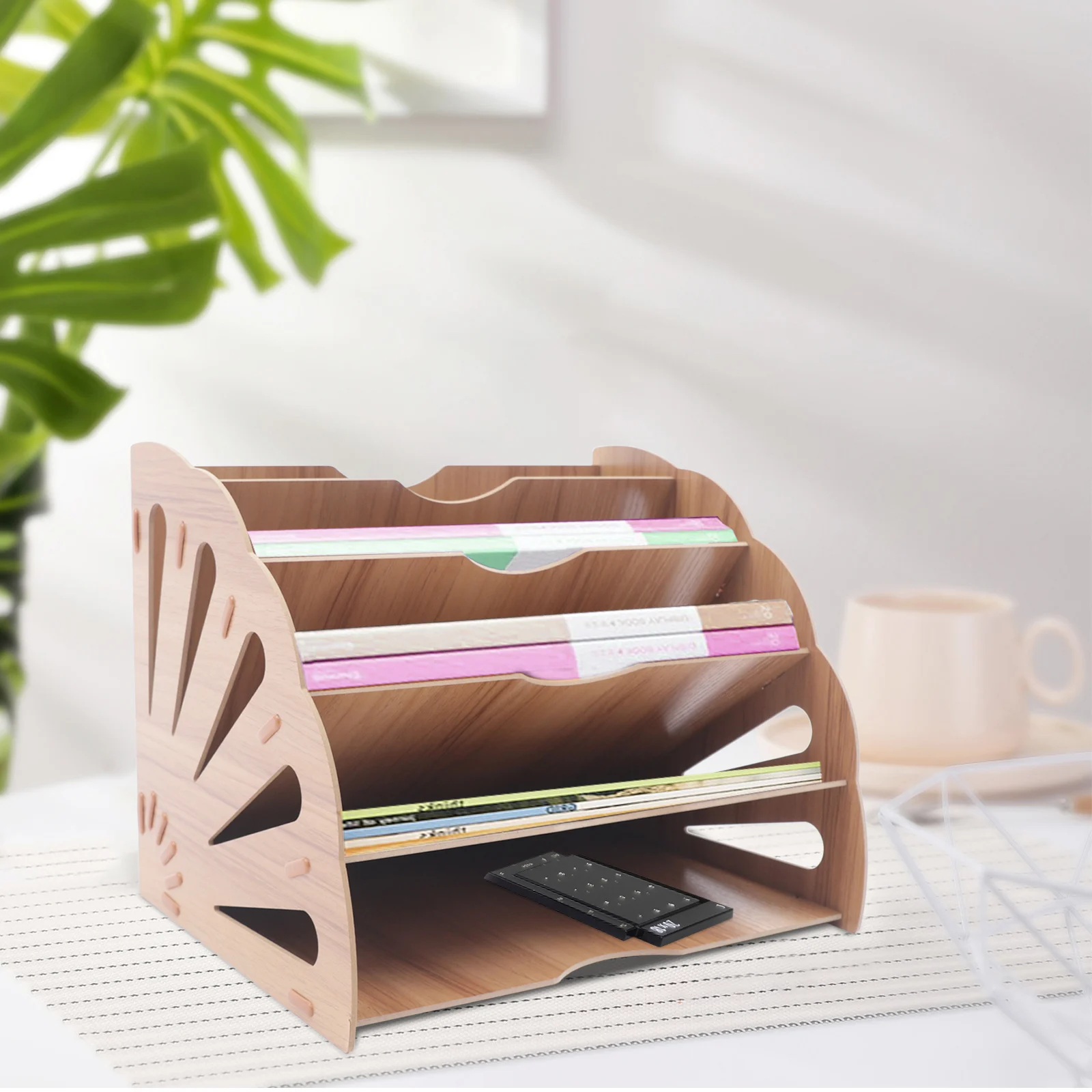Fan-Shaped File Folder Holder Wood Organizer 5 Compartment Desk Wall Cubicle Partition File Organizer