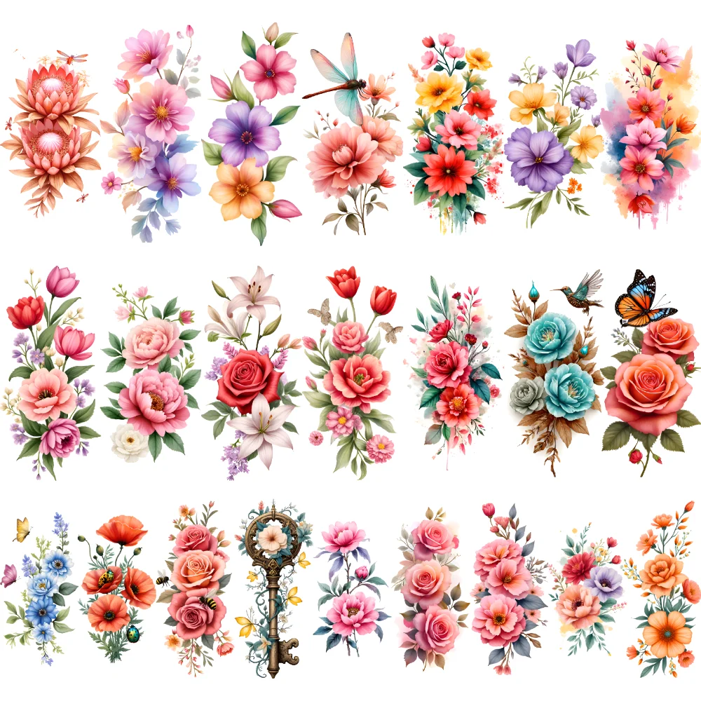 

12pcs Temporary Tattoo Floral Art Waterproof Long-lasting Body Stickers Butterfly Design Colorful Blooms For Adult Back Thighs