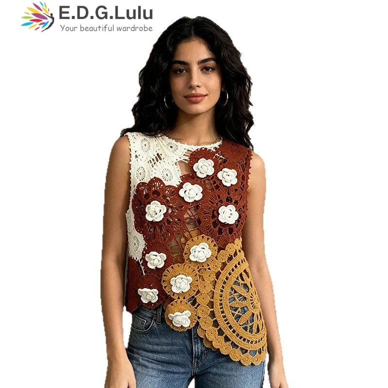 EDGLuLu Bohemian Style Heavy Industry Crochet 3d Flower Vest 2026 New Round Neck Sleeveless Asymmetry Vest Top 0613
