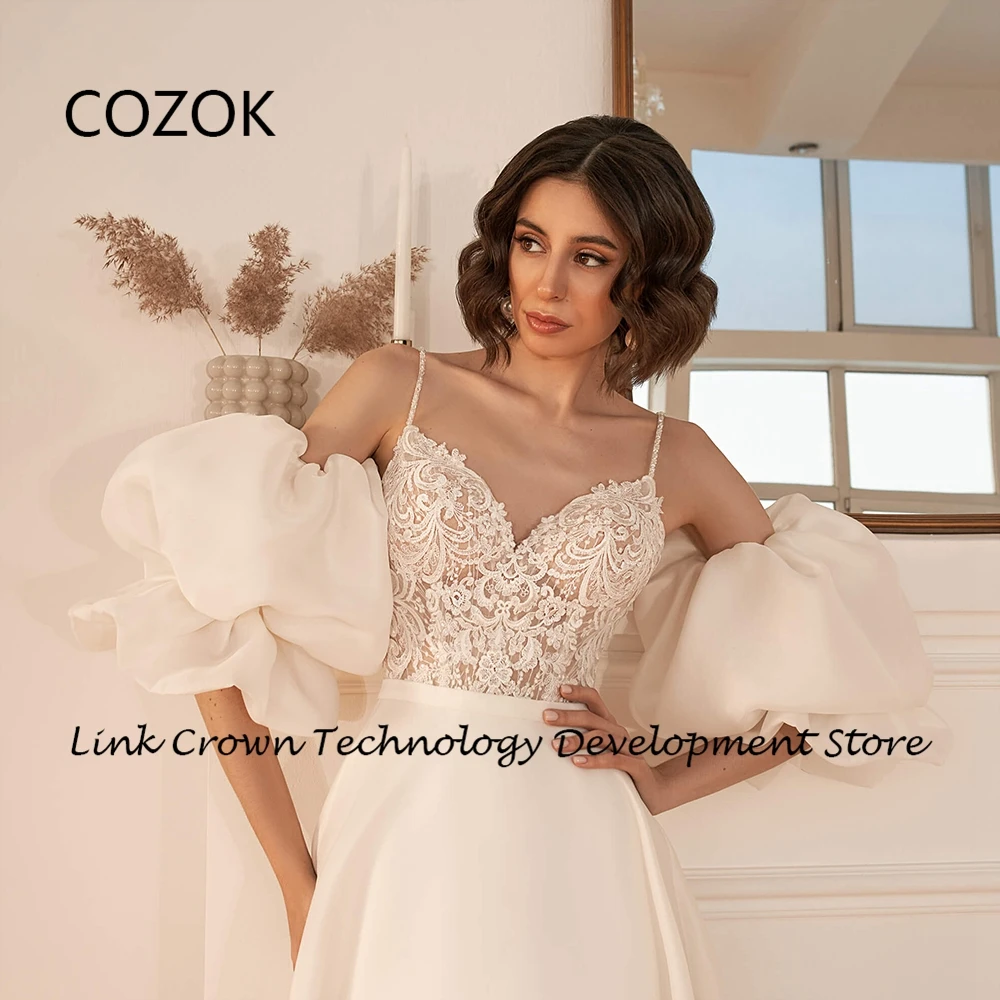 

COZOK A Line Wedding Dresses Puffy Sleeve A Line Sweep Train Spaghetti Straps Strapless Bridal Gowns with Lace 2024 Vestidos De