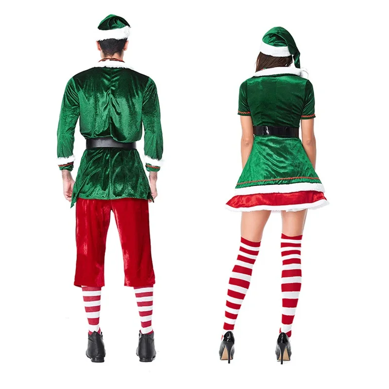 Papai noel cosplay traje natal carnaval festa verde mulher homem casal palco desempenho foto adereços roupas vestido de natal