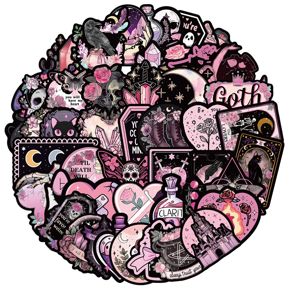 10/30/50pcs Cool Black Pink Cartoon Stickers Aesthetic Graffiti Decals DIY Luggage Scrapbook Journal Magic Tarot Skull Sticker