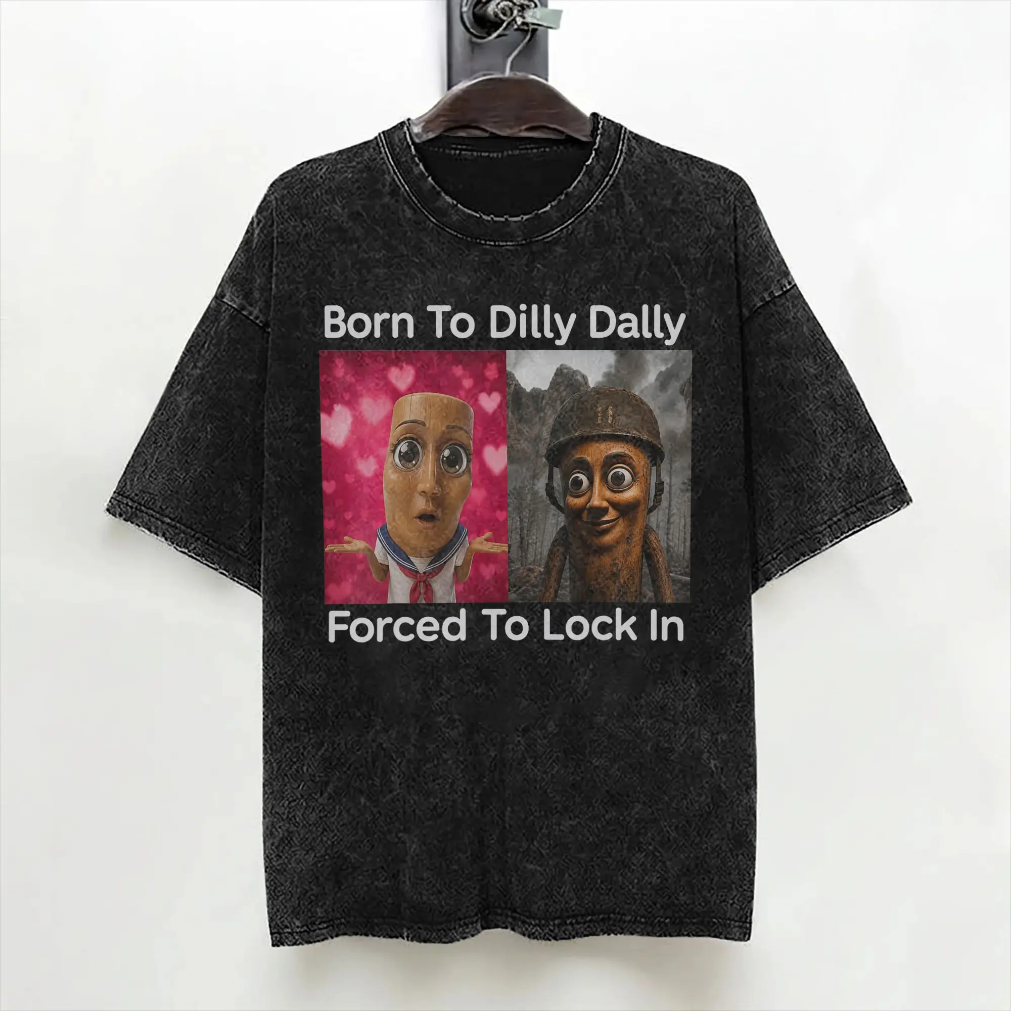 Tung Tung Tung Sahur Born to Dilly Dally Forced to Lock in T Shirts Washed 100% Cotton Oversize T-Shirts Retro for Men Women