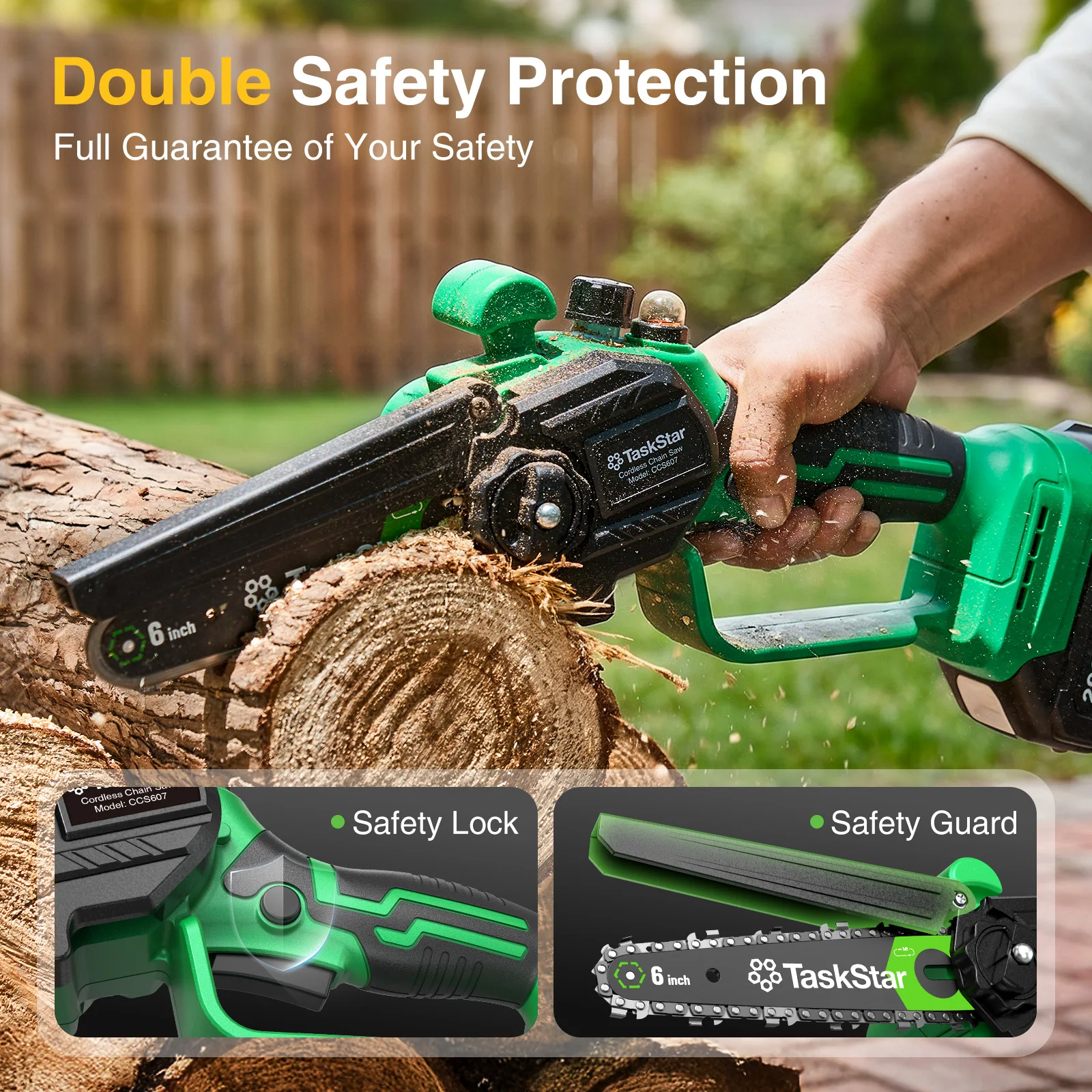 TaskStar 6-Zoll-Mini-Kettensäge, 700 W, Bürstenmotor, handgeführte elektrische Säge, manuelle Ölförderung, Gartensäge zum Beschneiden von Bäumen und zum Holzschneiden. für Makita 18V Akku-Pin – Detail 4