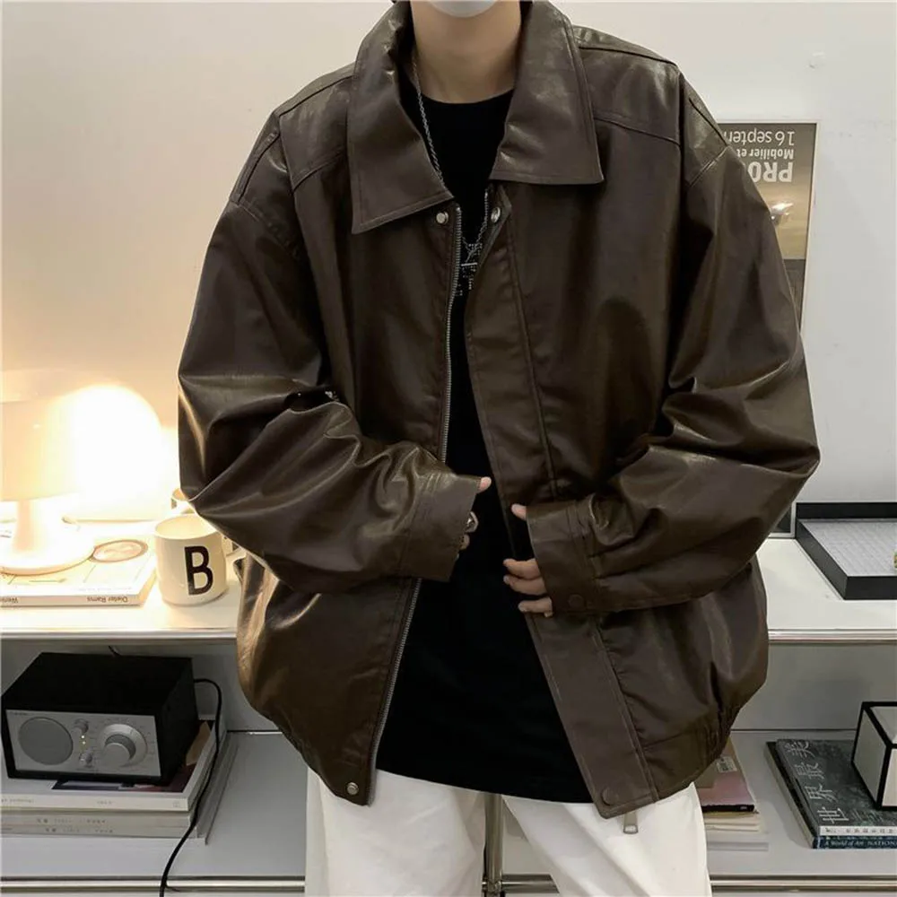 Mens Autumn Pu Leather Jacket Nightclub Stage Performance Jacket Streetwear Fashion Retro Youth Personality Top Men'S Clothing