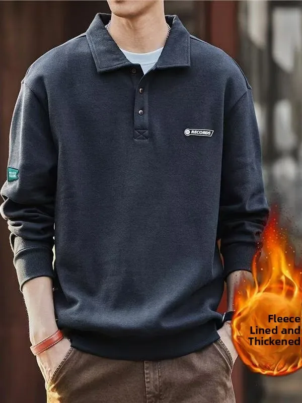 Heavyweight Long Sleeve  Shirt Men's T-Shirt Collared Loose Fleece Lined Sweatshirt Casual Autumn Winter Base Shirt Men's...