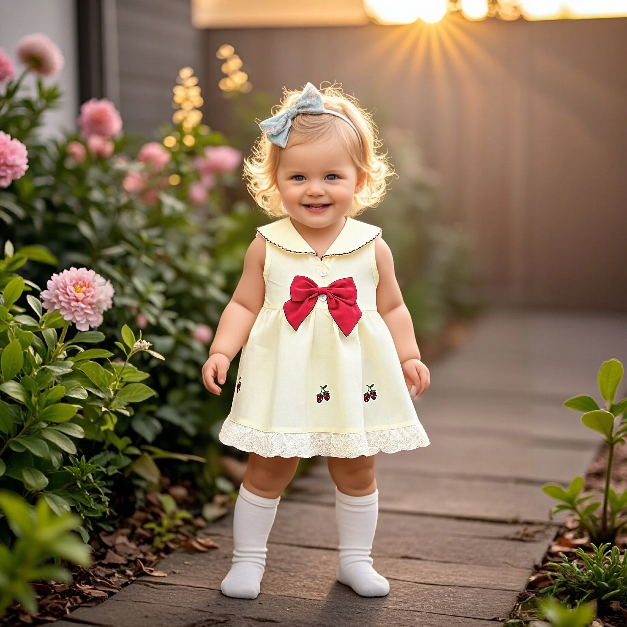 

Girl Kid's Clothing Summer Bow Cherry Plaid Pattern Lapel Baby Girl Dress Cute Casual Baby Girl's Princess Dresses