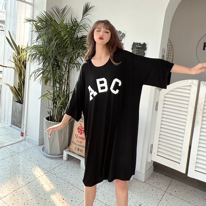 Summer Modal Letter Printed Nightgown Women's Plus Size Home Wear Dress Yellow Nightwear Round Collar Nightdress Outside Wear