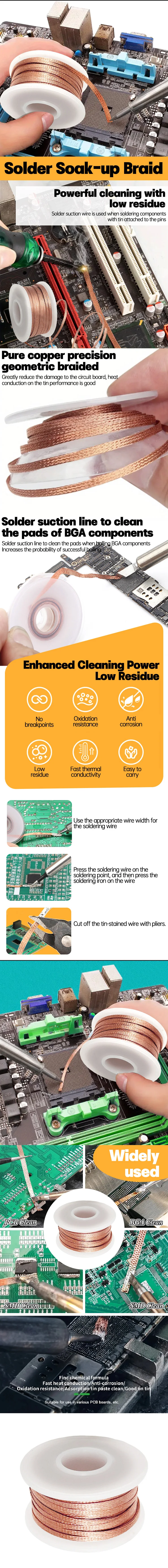 Flussmittelbeschichteter Entlötgeflecht-Lötdocht 2/3/4 mm Breite, 1,5 m, 3 m, 10 m Länge, hochreines Kupfer für schnelle PCB-BGA-SMD-Reparatur – Detail 1